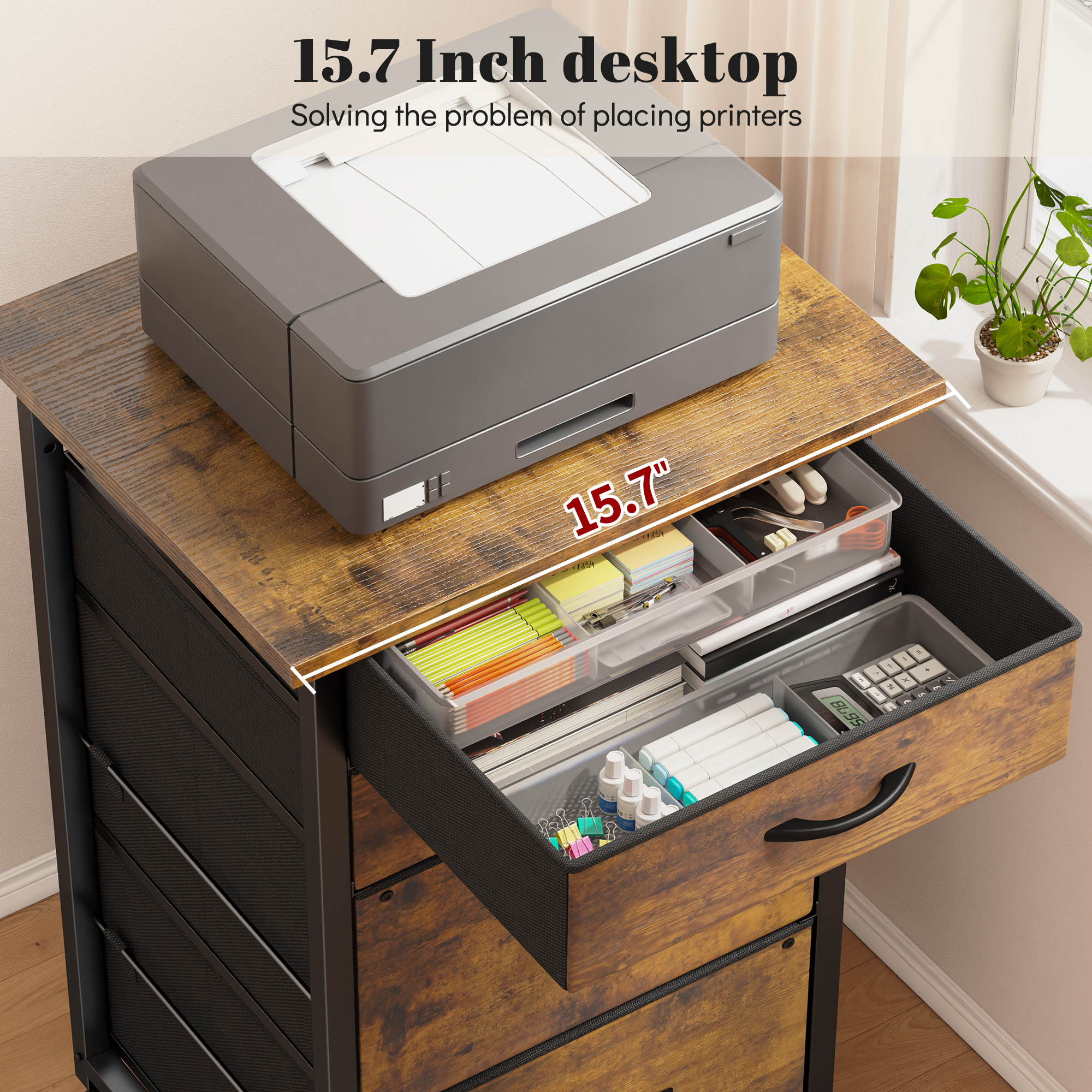 Romorgniz 4 Fabric Drawers Mobile File Cabinet Desk Table Cabinet Fits A4/Letter Size Printer Stand for Home Office，Rustic Brown