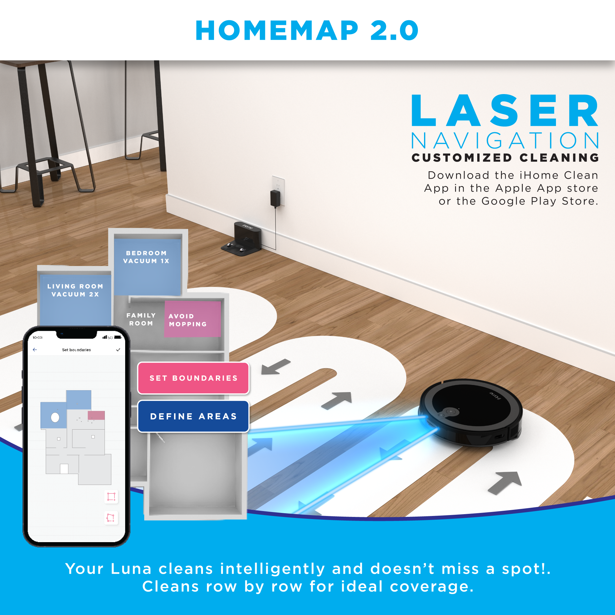 iHome AutoVac Luna 2-in-1 Front LIDAR Robot Vacuum and Vibrating Mop, Strong Suction - image 2 of 10