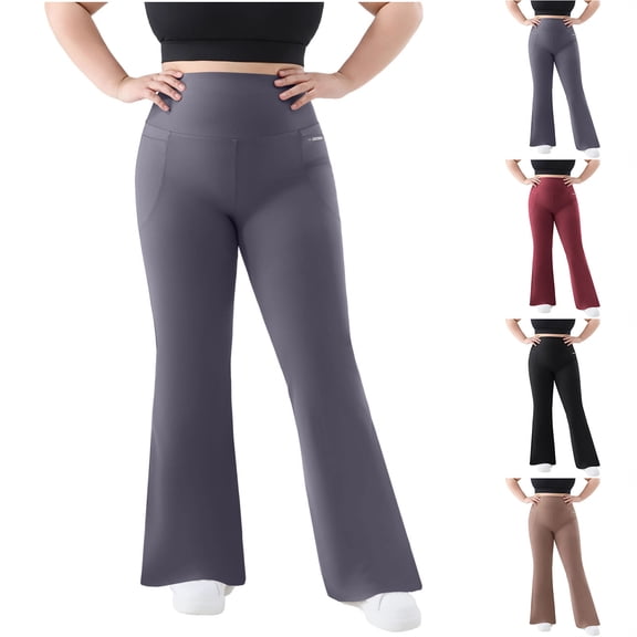 YHAJDS Womens Plus Size Pants Solid Color High Waist Tummy Control Flared Yoga Gym Sport Trousers for Women With Side Pockets
