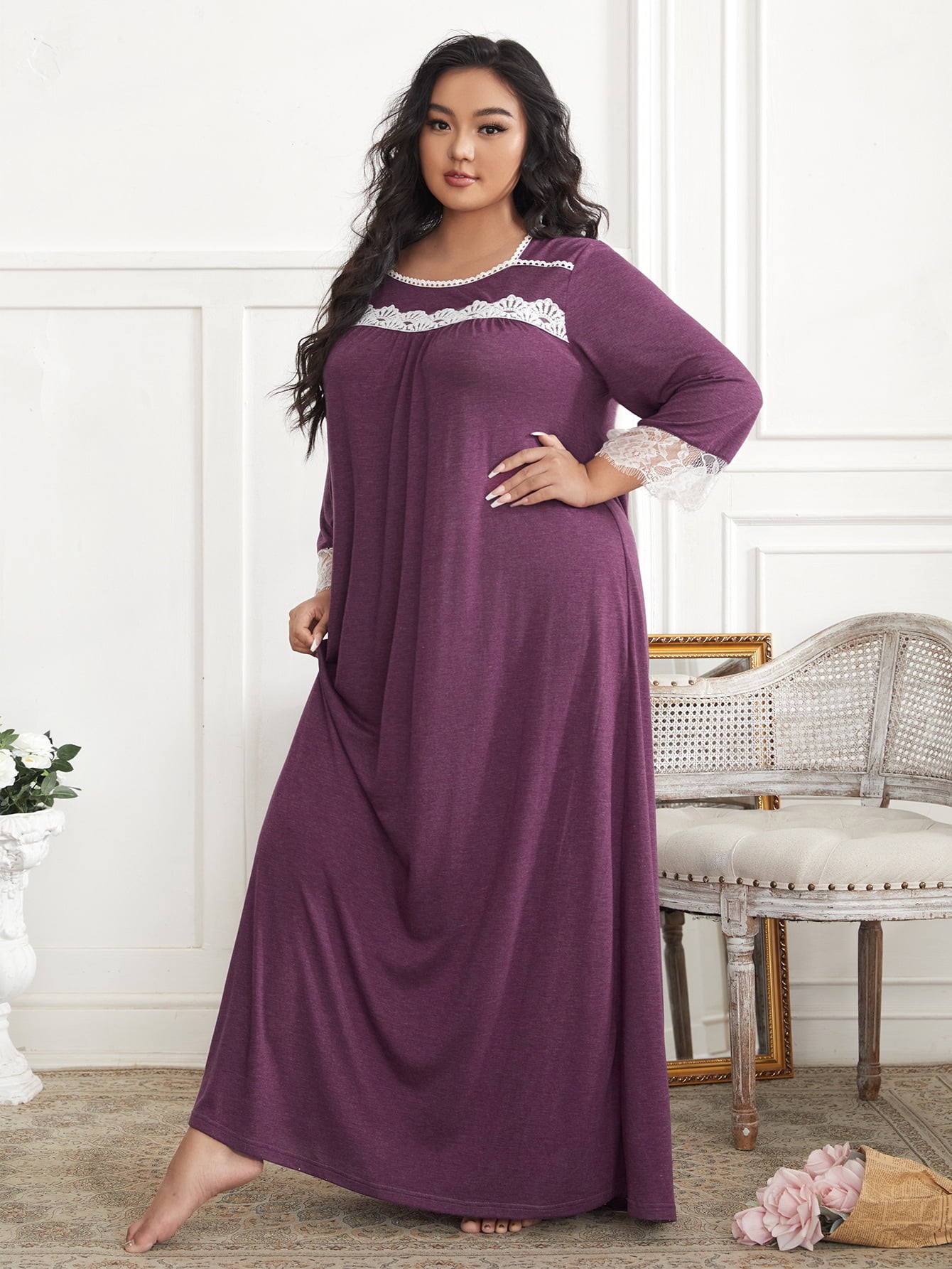 Women Soft Lace Trim Night Gown 