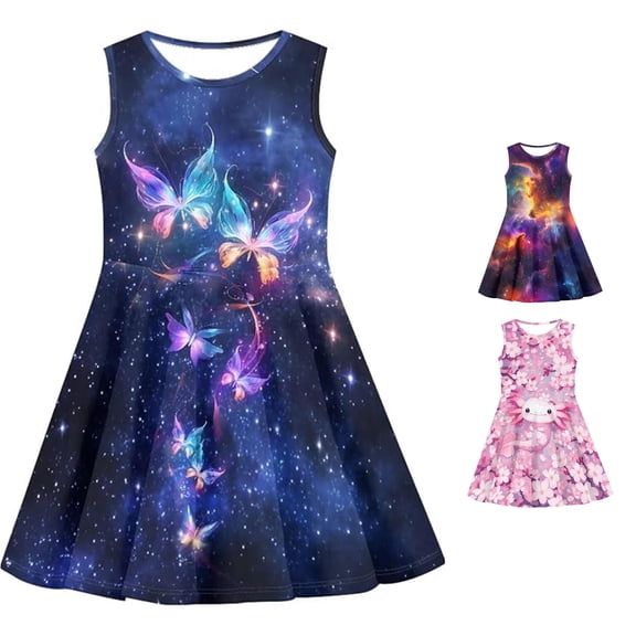 VBEWZET Girls Sleeveless Galaxy Star Print Dress A-Line Navy Casual Summer Party 3-16 Years a-Dark Blue 13-14 Years