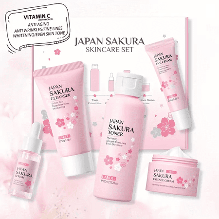 Skin Care Set JAPAN SAKURA Women Beauty Gift Sets Skin Care Kit with Cleanser, Toner, Lotion, Serum, Eye Cream, Face Cream Travel Kit for Women Teen Girls Mom Daughter TSA-friendly Sizes 6pcs