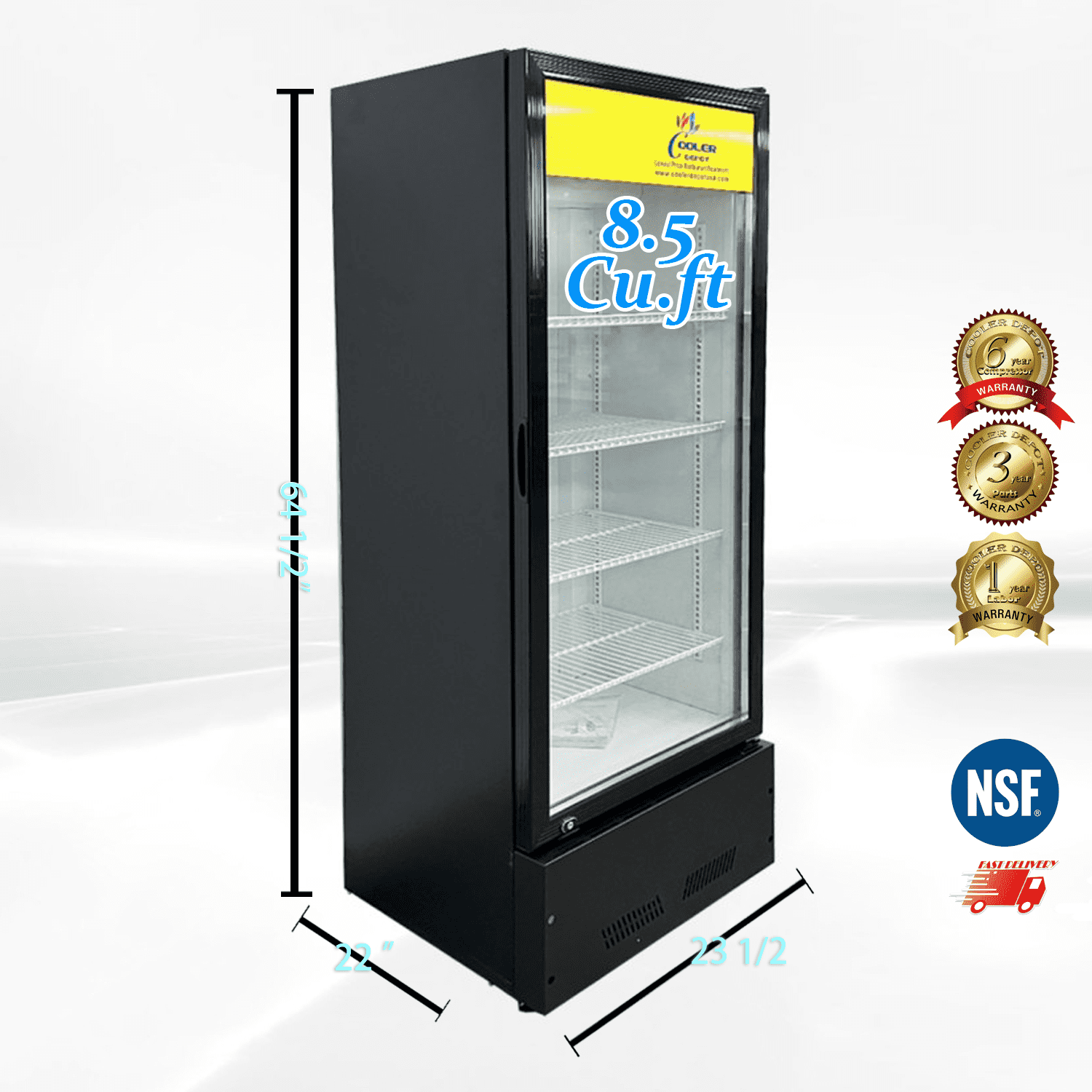 Commercial Beverage Refrigerator, Glass door 23 1/2" x 22" x 64 1/2", 8.5 cu ft display Fridge, NSF Certified.