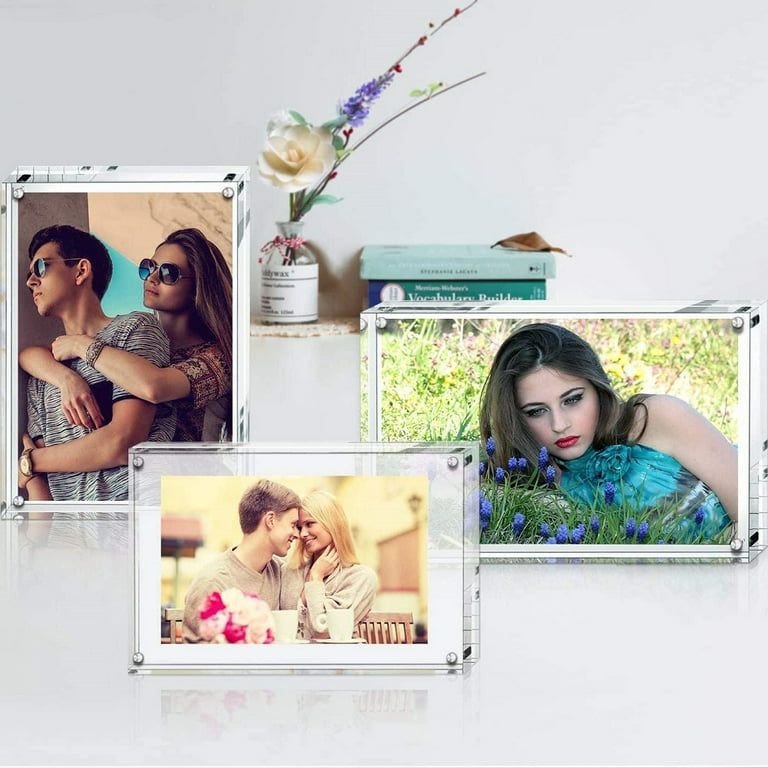 Double Sided Floating Acrylic and Natural Wood Picture Frame for 4x6  Photos,Ideal for Weddings,Baby Pictures,and Family Photos,Unique Desk and