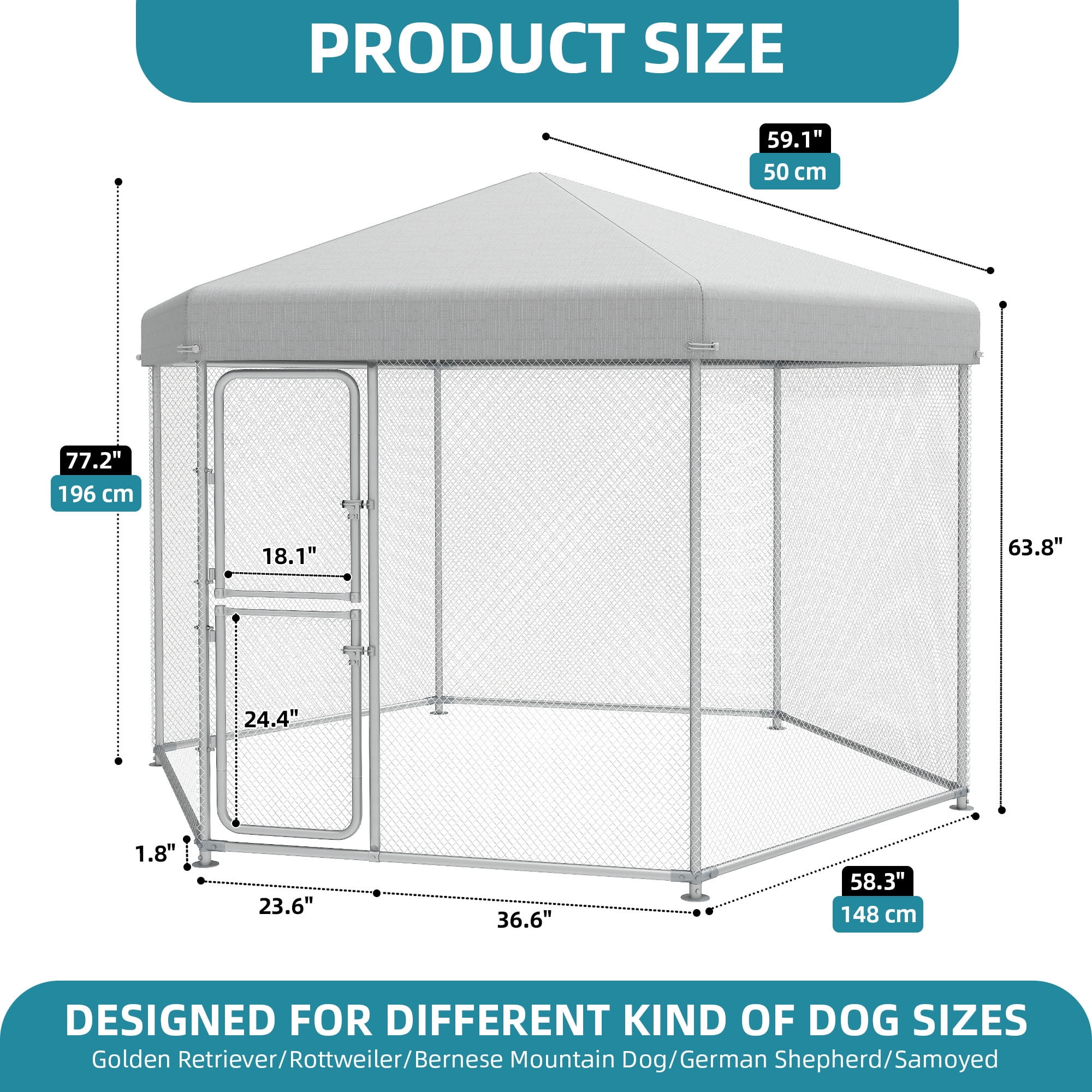 ModFusion 9.8×8.2 ft Large Outdoor Dog Kennel, Heavy Duty Galvanized Steel with Waterproof Cover, Sliver