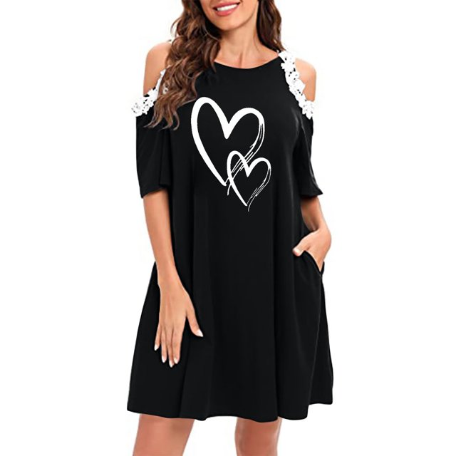 Vestido casual de verano con hombros descubiertos y manga corta con encaje y estampado Forgive para mujer Pompotops ghjkhdj14533