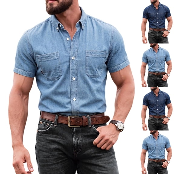 Denim Shirt Men Short Sleeve Button Down Jean Shirts Muti Pocket Western Soft Work Shirt Casual Cowboy with Comfortable Light Blue