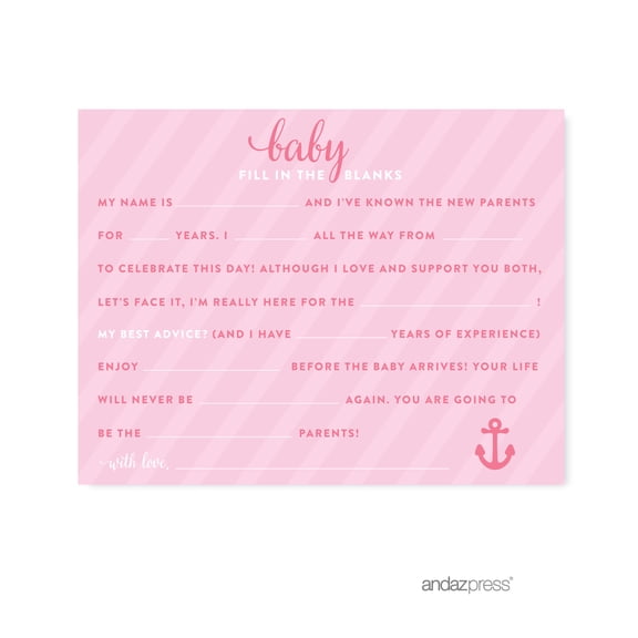 Fill-In-The-Blank Pink Girl Nautical Baby Shower Games Request Cards, 20-Pack