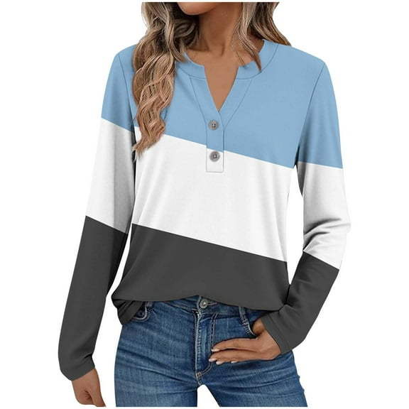 STETMN Women's V Neck Button Tops Color Block Casual Long Sleeve Blouse Fall Loose Pullover Shirts
