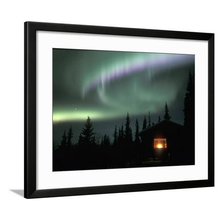 Aurora Borealis on a Cold Winter Night over a Cabin in the Taiga, Alaska, USA Framed Print Wall Art By Tom