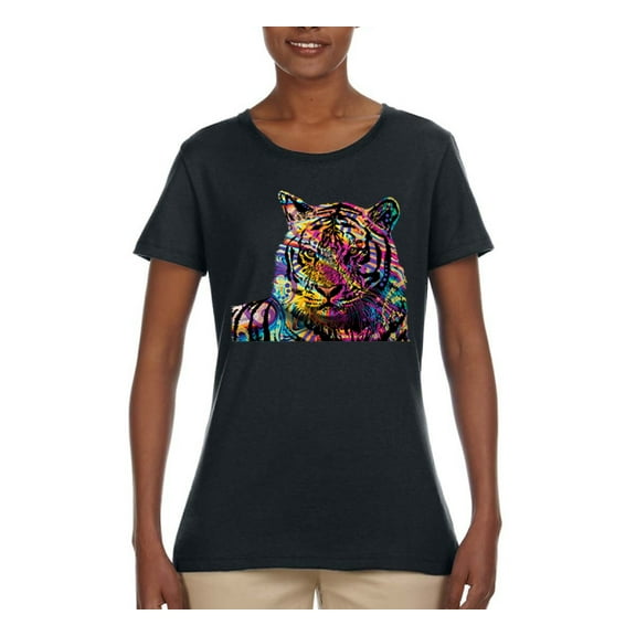 Colorful Rainbow Tiger Animal Lover Womens Graphic T-Shirt, Black, Small
