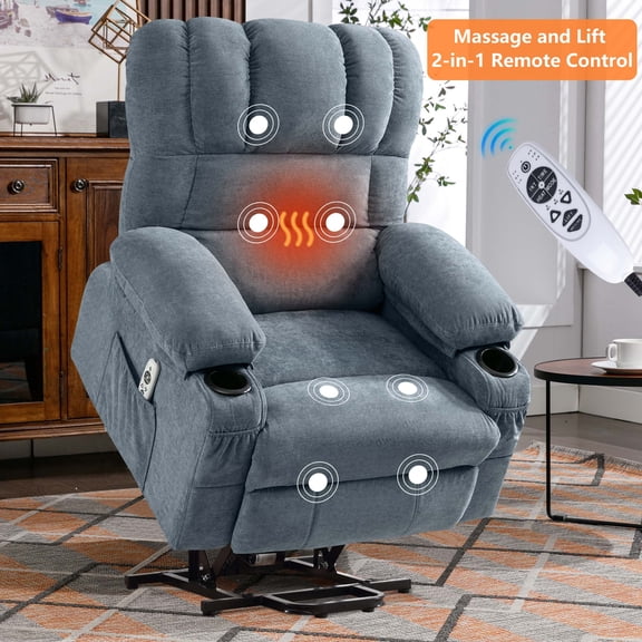 UHOMEPRO Power Lift Recliner Chair for Elderly with Heat and Massage, Recliner Chair for Livingroom with Infinite Position and Side Pockets , USB Charge Port, Cup Holders Fabric, Blue