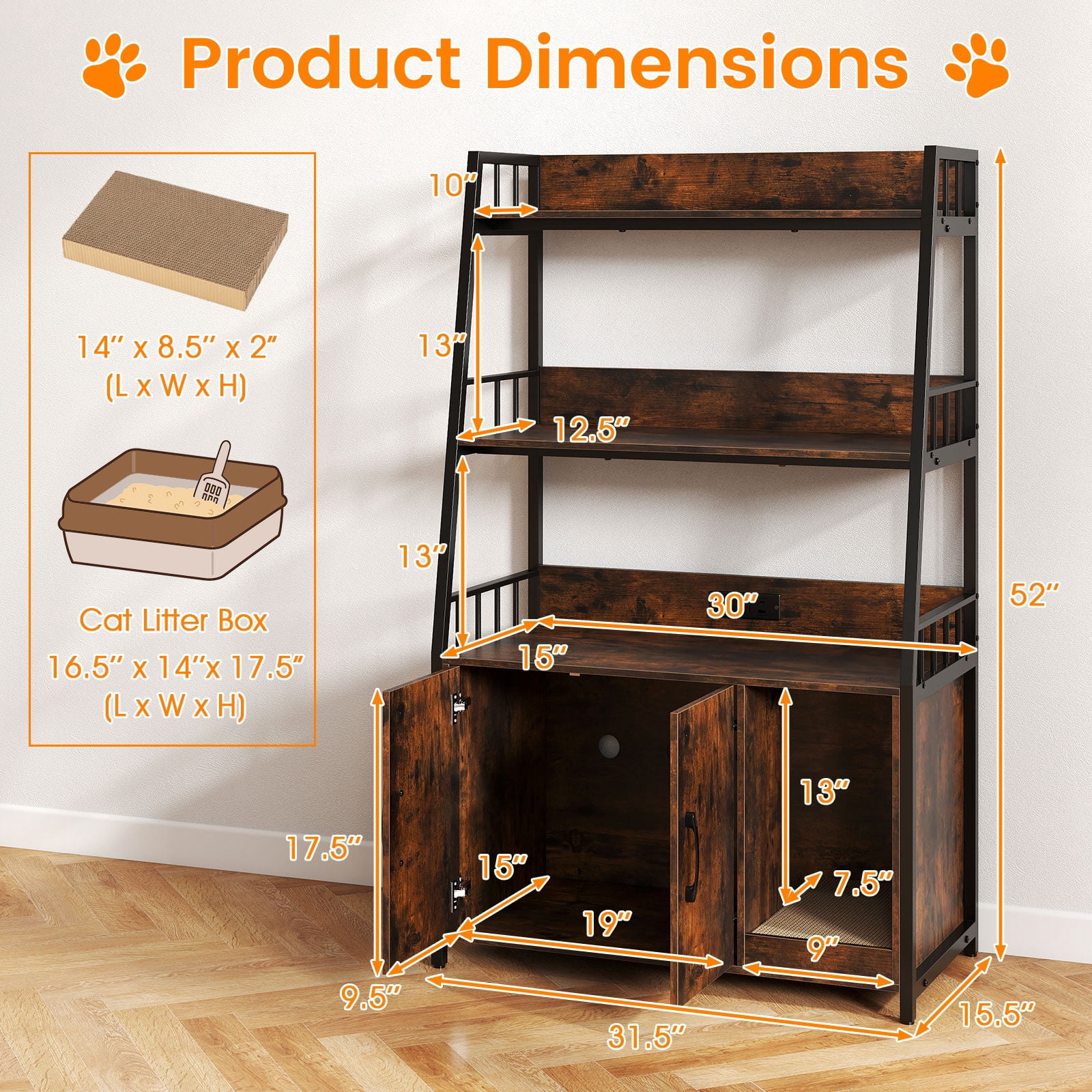 Costway Cat Litter Box Enclosure with Storage Shelves Scratching Pad Charging Station Coffee