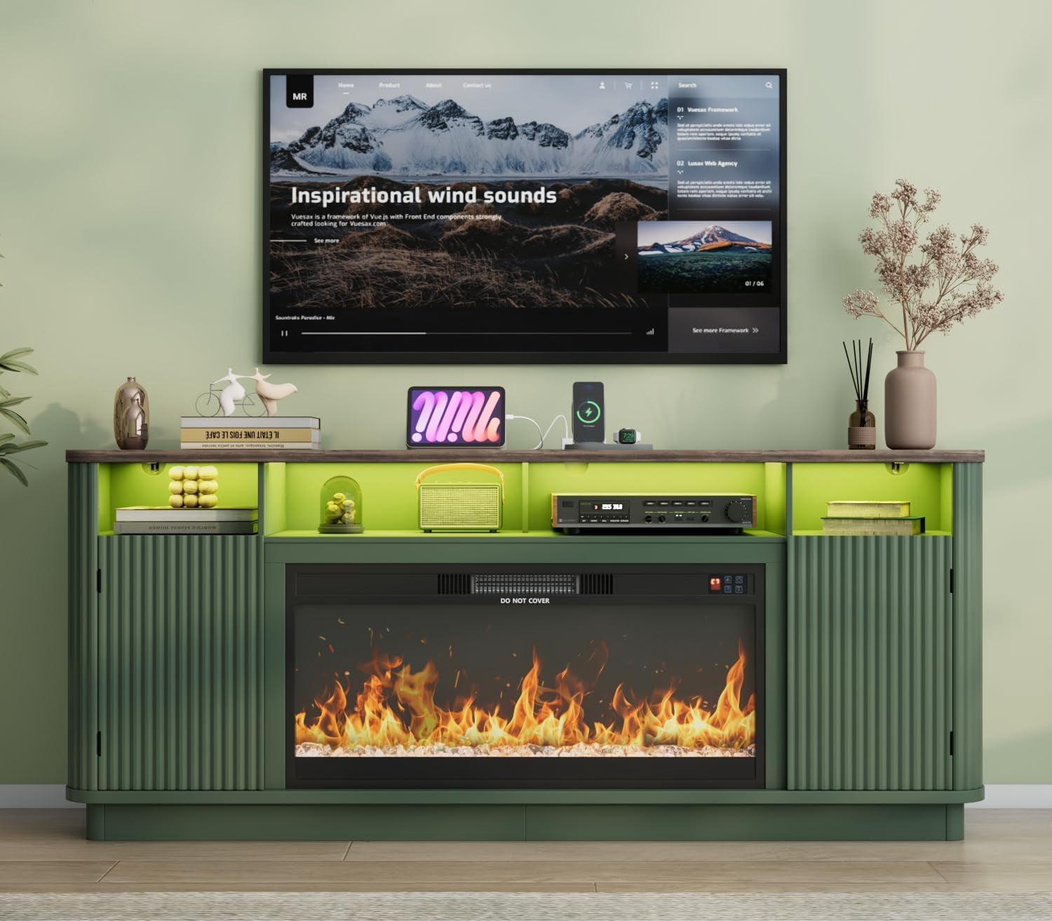 ANPOO 71" Fluted Fireplace TV Stand for 75/85" TVs with 36" Electric Fireplace, Modern Entertainment Center with LED Light & Power Outlet, Wooden Media Console TV Stand for Living Room, Green