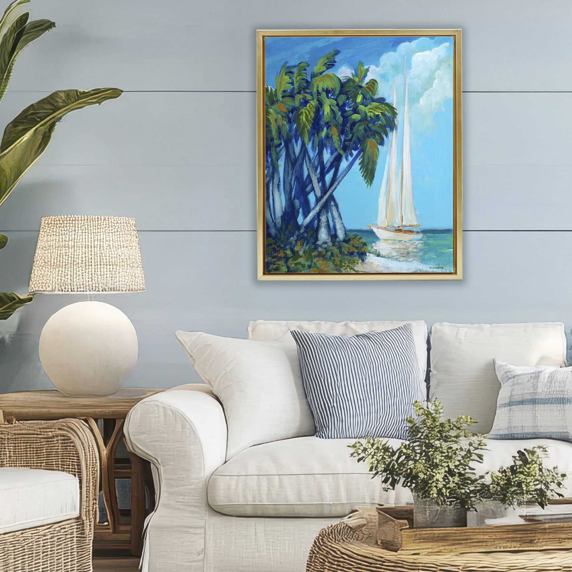 Stupell Industries Sailboat & Twisted Palms Gold Framed Floater Canvas Wall Art, design by Dan Meneely