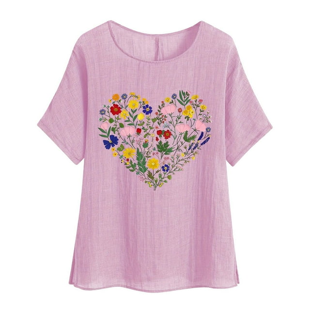 Camiseta de Mujer Camiseta de Manga Corta Impresión Casual Raglan Suelto de Lino Top Blusas, Cuello de la Tripulación
