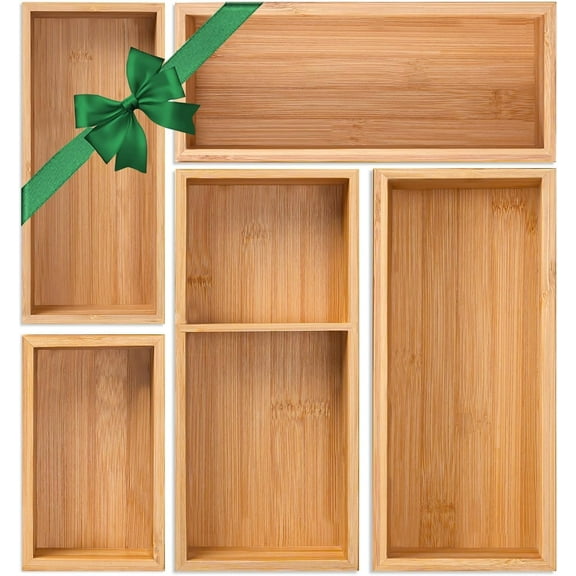 Bamboo Drawer Organizer 5 Pcs for Kitchen Multi-purpose Storage Dividers for Kitchen, Office, Jewelry, Cosmetics, Wooden Drawer Dividers for Drawer Organizer Desk Organizer Gift for Women Gifts Idea