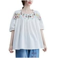 thumbnail image 2 of Busydd Plus Size Womens Tops M-4XL Casual Solid Color Short Sleeve Going Out Tops for Women Trendy Round Neck Embroidered Spring Summer Tops Comfy Pleated Peasant Cotton Linen Shirts, 2 of 3