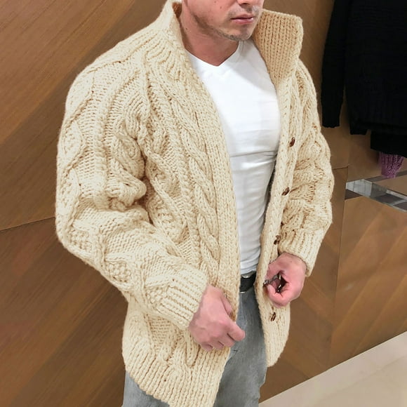 jsaierl Mens Cardigan Sweaters Cable Knit Open Front Stand Collar Thicken Outwear Long Sleeve Cozy Plain Sweater Jacket