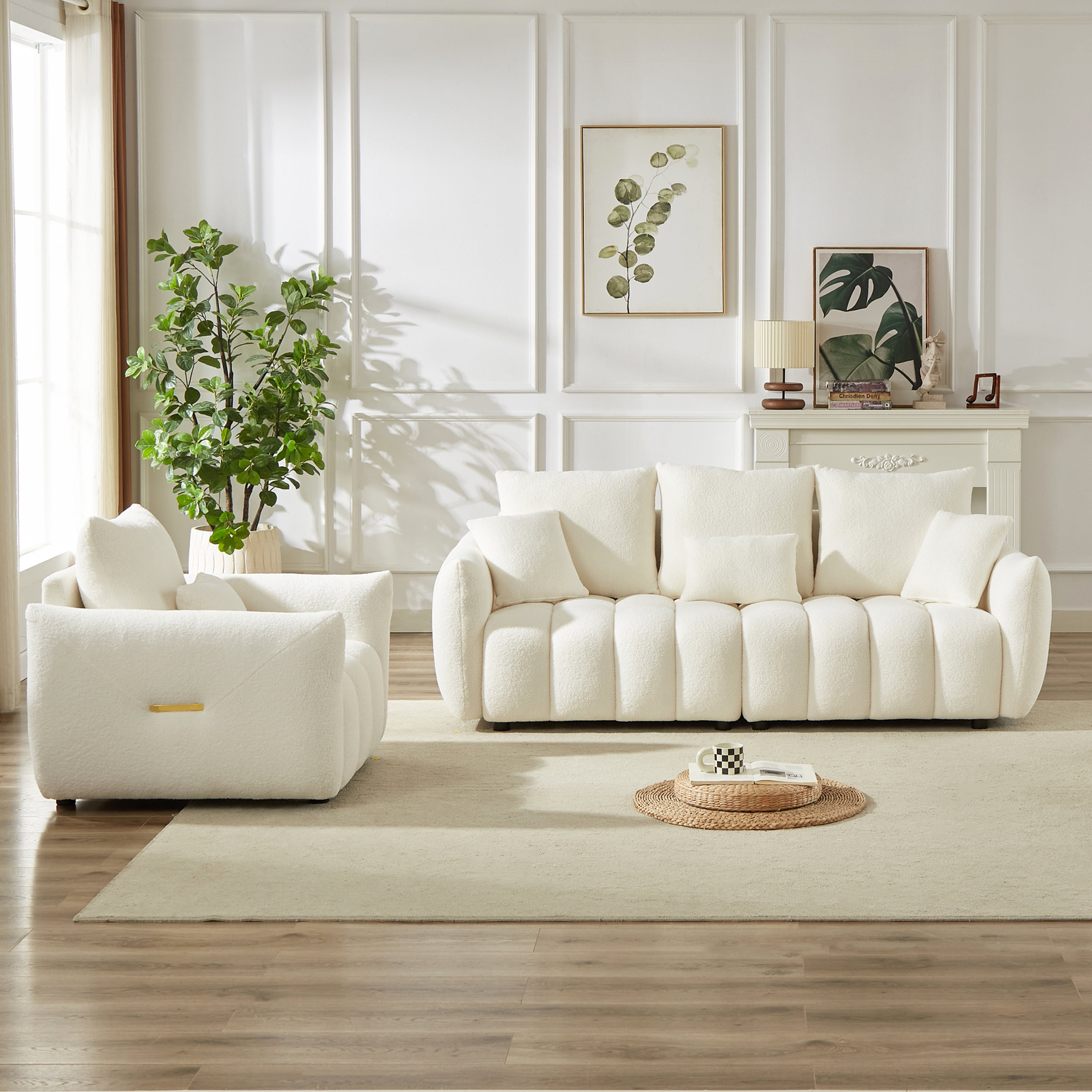 Combo Sofa Set 3+1 Seater with 4 Cushions, Teddy Fleece Wooden Frame Modern Living Room Sofa for Apartment, Beige