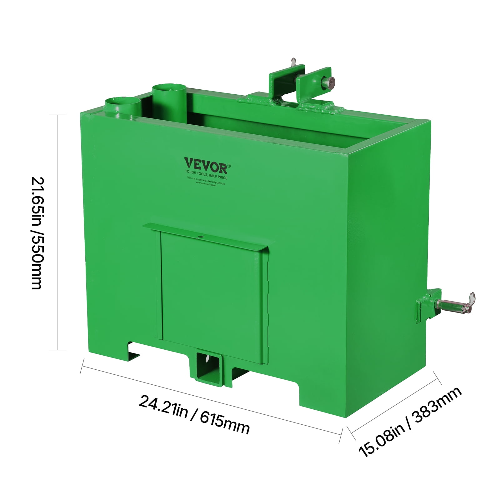 VEVOR Ballast Box, 3-Point Category 1 Tractor Ballast of 800lbs Capacity, for 2 Inch Hitch Receiver, Heavy-Duty Steel 4.3 ft³ Large Volume Loader Attachment with Sliding Door, Green