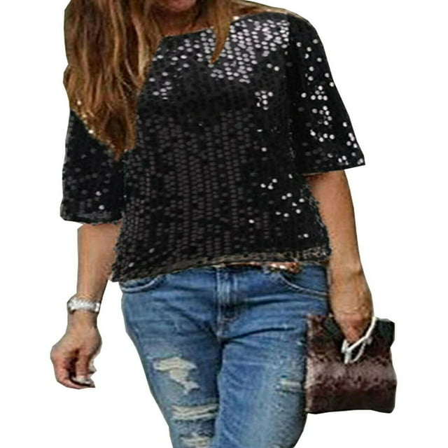 CNKOO Débardeur Pailleté à Paillettes pour Femmes Manches 3/4 Top de Cocktail