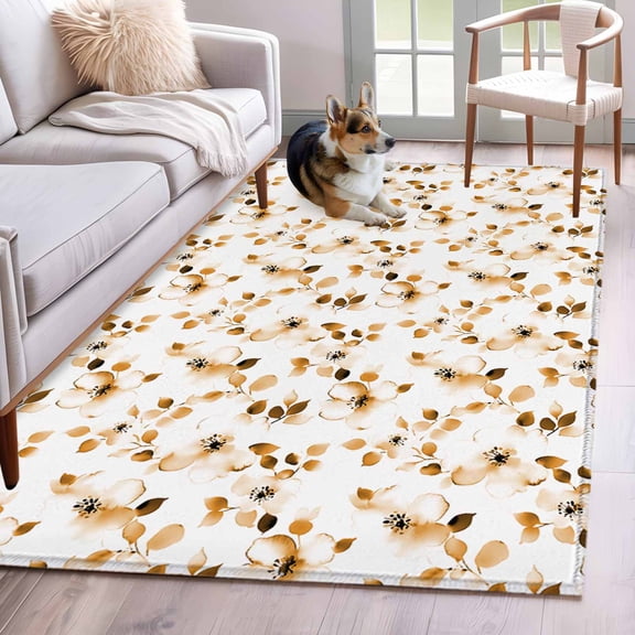 Area Rug for Living Room, Orange Botanical Non-Slip Indoor Large Carpet for Bedroom/Dining Room, Vintage Blossom Floral Wildflower Washable Low-Profile Rectangle Floor Mat Runner Rugs - 3 x 5 Ft