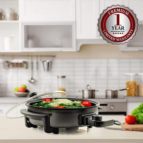12 Inch Electric Skillet with Nonstick Coating, 1400W, Adjustable Temperature, Glass Lid, Cool Touch Handles