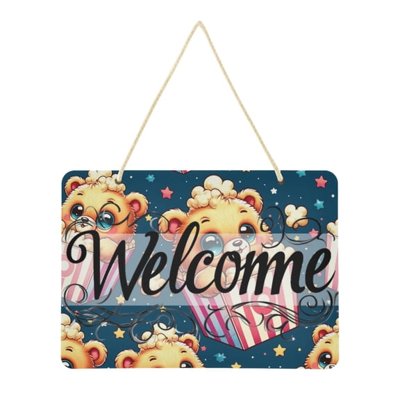 Welcome Sign for Front Door Farmhouse Wall Porch Fall Home Outside Indoor Christmas Decor 14"x10" PVC Cute Bear in Popcorn