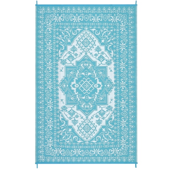 Geetinfly 9*12FT Area Rugs Outdoor Rugs Reversible Mats Vintage Medallion Plastic Straw Rug for Patio Waterproof Camping Rug Light blue/white