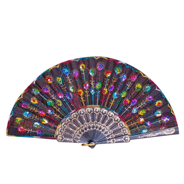 Agiferg Peacock Pattern Folding Hand Held Danc Fan Embroidered Sequin Party Wedding D