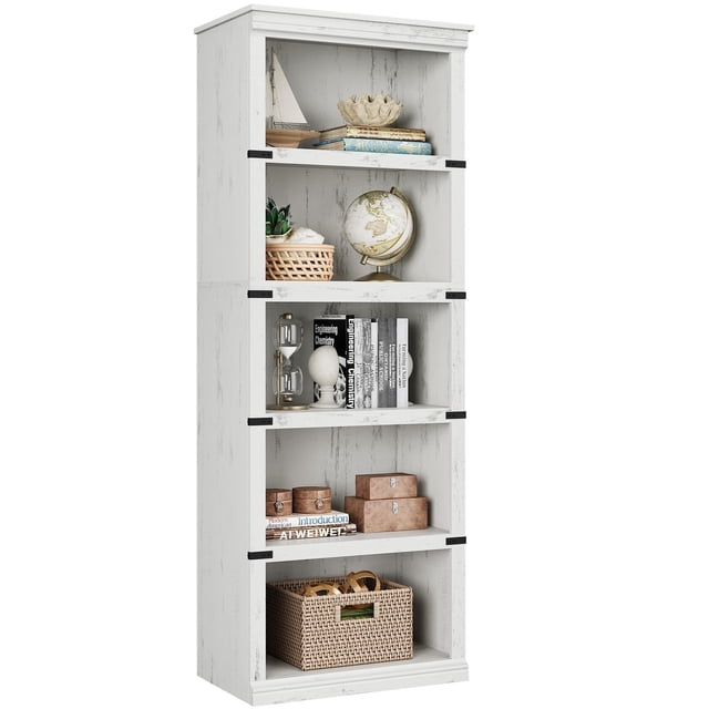 Estilo rural-style de madera estante de libros blanca 67.4 pulgadas de altura y 24.5 pulgadas de anchura 5-tier almacenamiento para sala de estar y oficina en casa