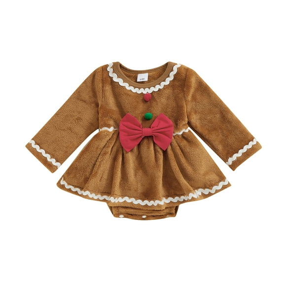 Newborn Baby Girl Christmas Gingerbread Man Romper Dress Long Sleeve Fuzzy Bodysuit Infant Winter Xmas Holiday Clothes