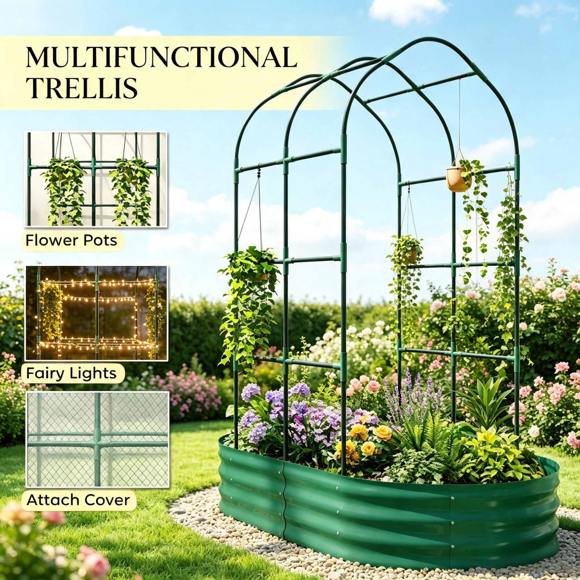 Galvanised Metal Raised Garden Bed, 5 x 3 x 6ft Outdoor Planter Box, Arched Trellis, Open Bottom, Green (Only for Elevated Garden Beds)