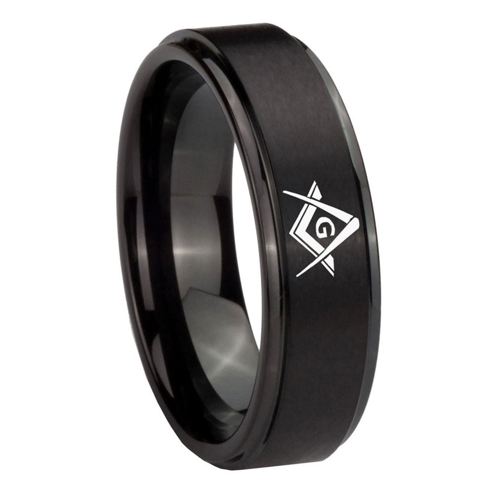 RATUNGSTEN Tungsten Freemason Masonic Rings For Men, 8mm Black Bevel