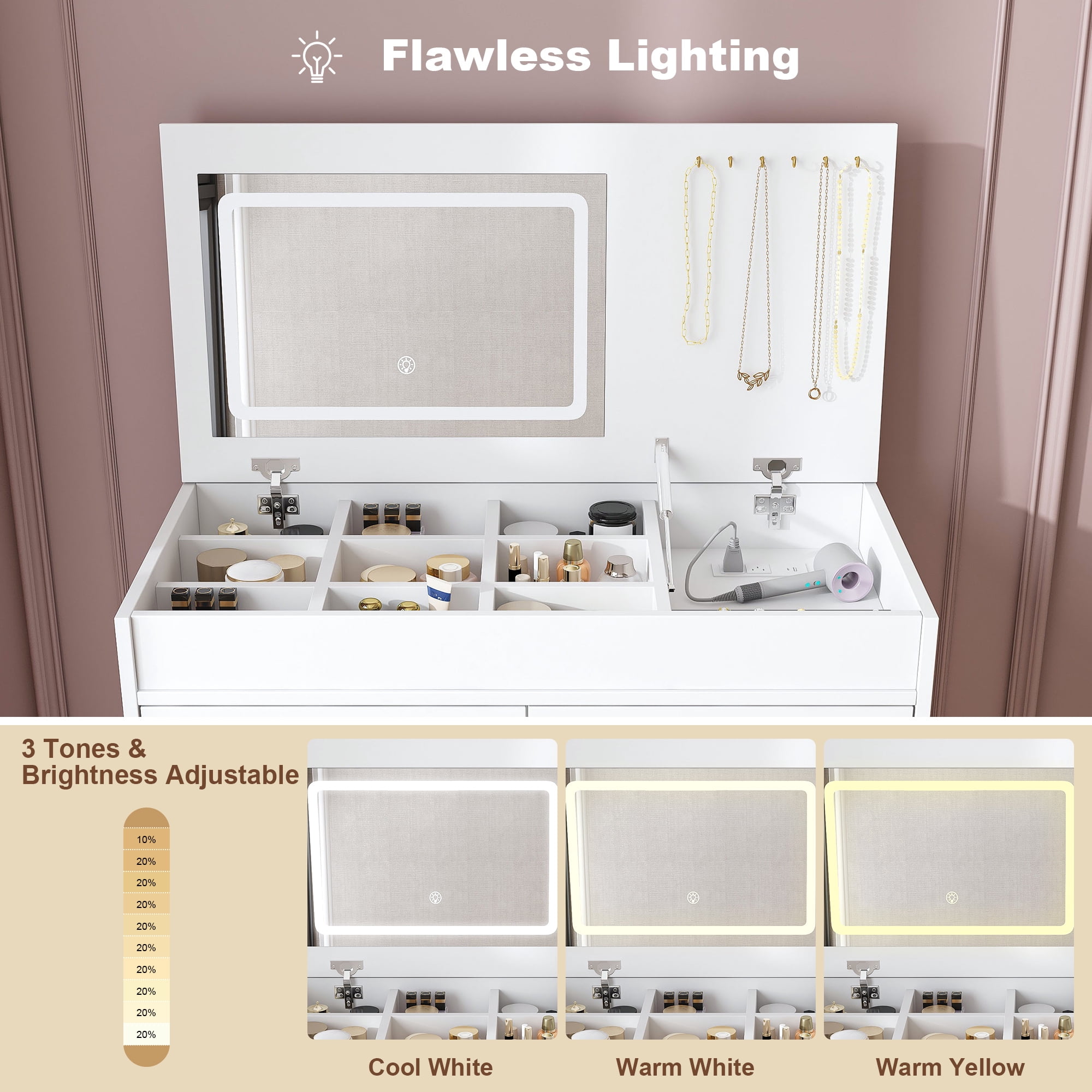 Leumius Makeup Vanity Desk with Mirror and Lights,Flip Top Dressing Table with 2 Drawers & Adjustable 3 Color Lighting Brightness for Bedroom Storage Cabinet,White