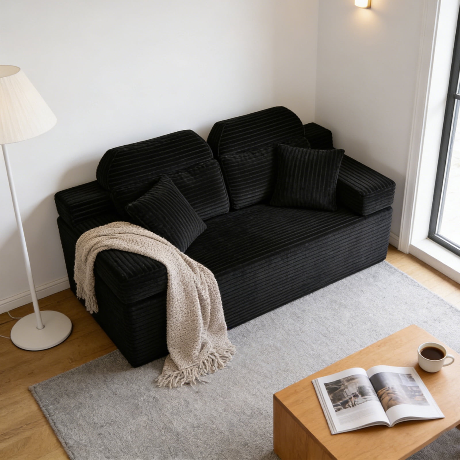 71" High Backrest Sofa for Small Spaces, Compressed Corduroy Couch with Deep Seating for Living Room, Bedroom, Black