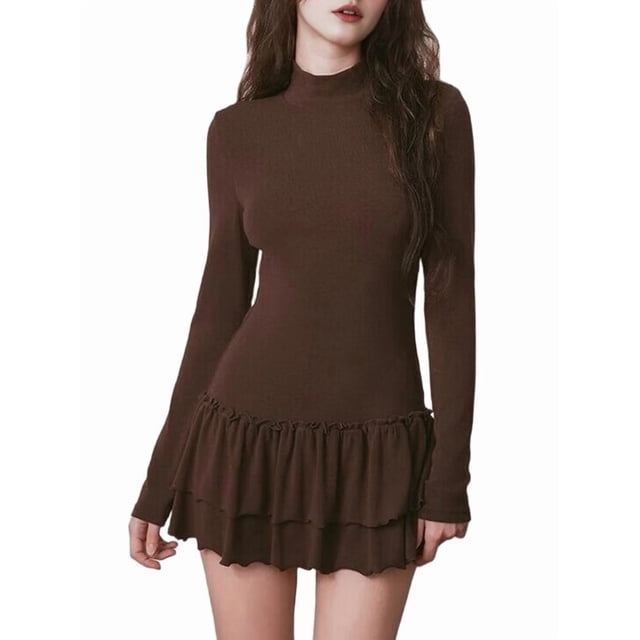 Women'S Fall Long Sleeve Dresses Mock Neck Ruched Y2K Clothes Ruffle Layered Bodycon Mini Party Dress Brown S