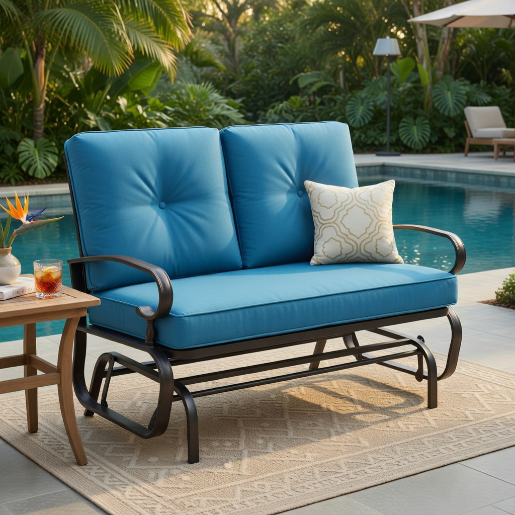 Hommoo 2-Person Outdoor Swing Glider Bench with Plush Olefin Cushions, Rust-Resistant Steel Frame, Gourd-Style Design for Patio, Porch & Backyard, Navy