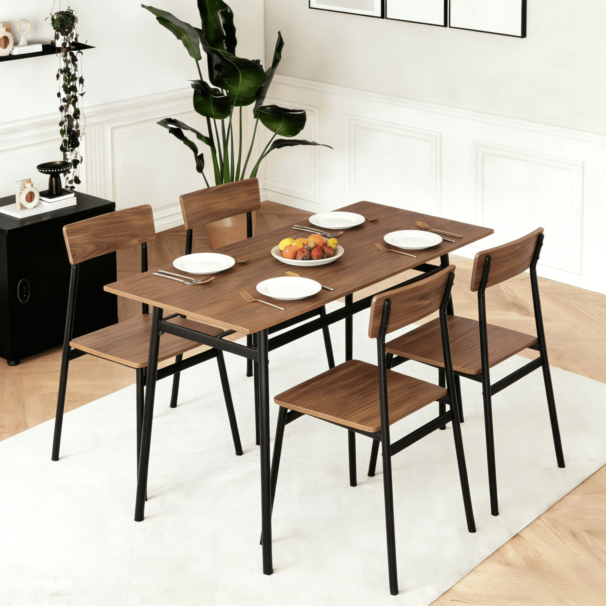 Gewnee 5-Piece Dining Table Set for 4, Rectangular MDF Table with Metal Base for Kitchen, Walnut Grain
