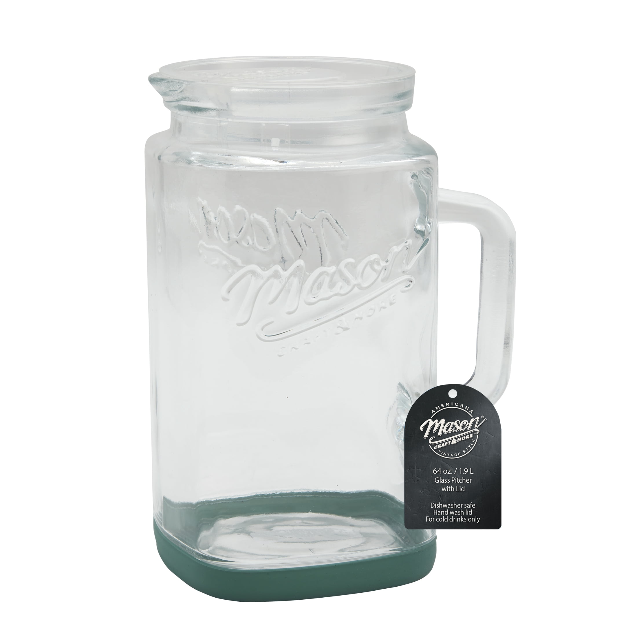 Mason Craft & More Glass 0.5 Gallon Pitcher with Removable Plastic Lid and Silicone Base, Sage, Useful for Serving Chilled Drinks