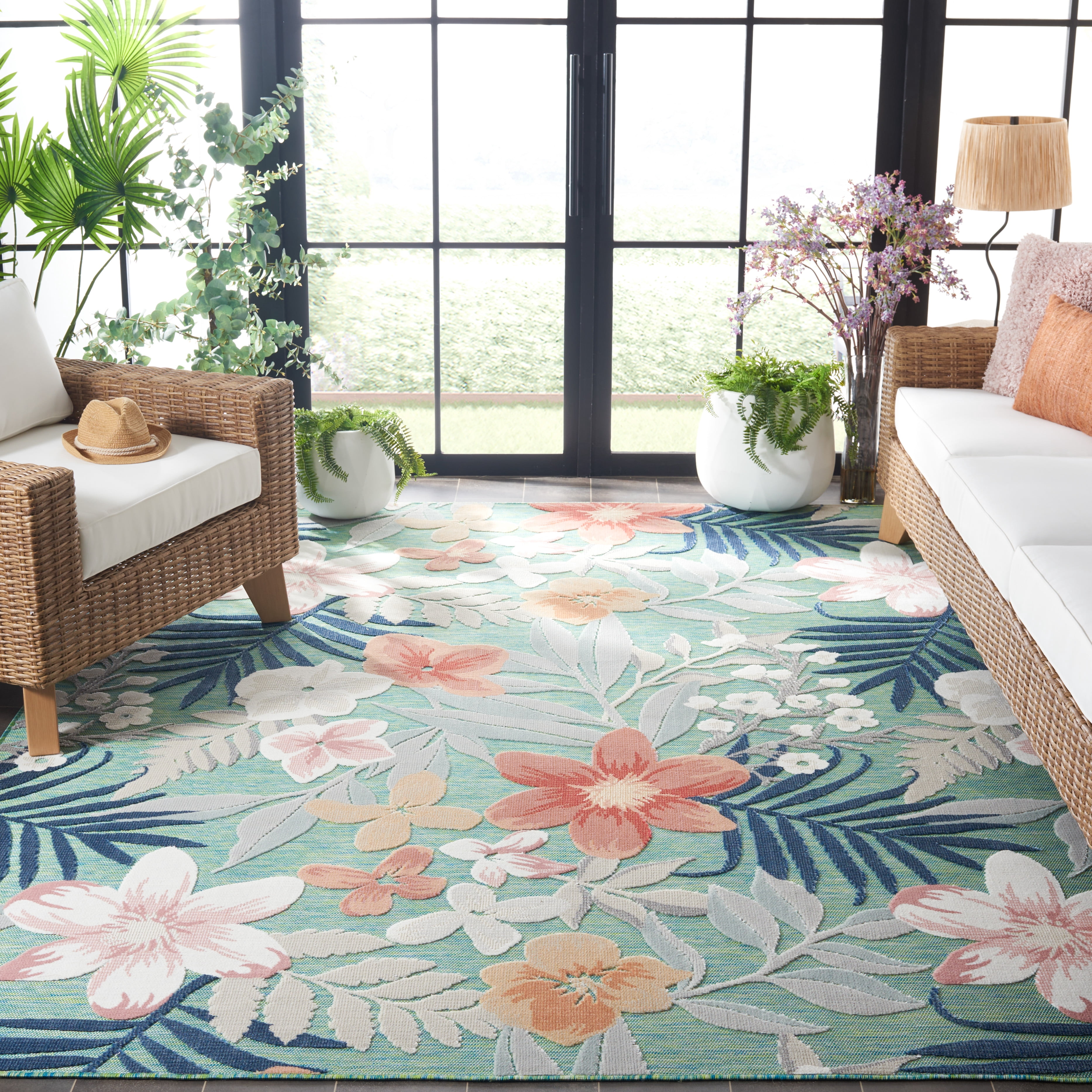 SAFAVIEH Cabana Caris Floral Indoor/Outdoor Area Rug, Green/Rust, 10' x 10' Square