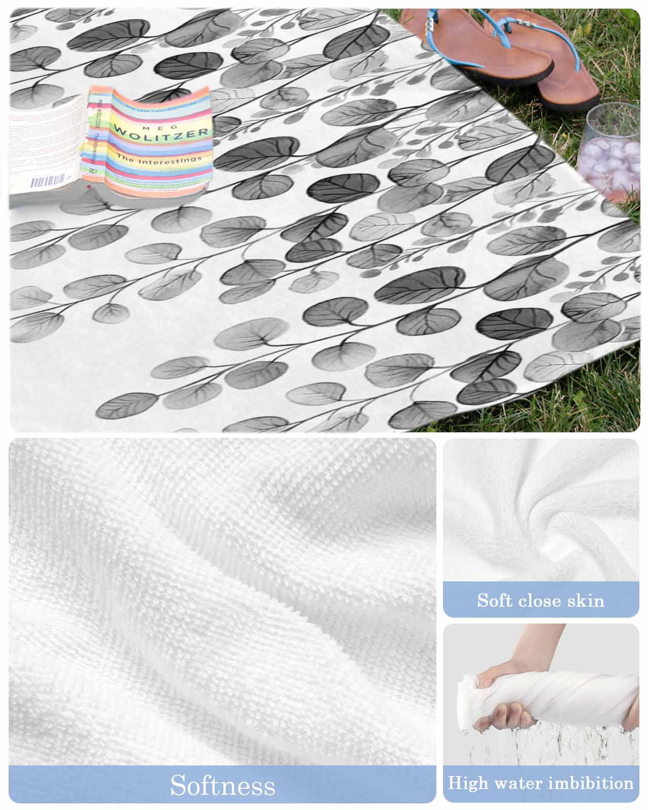 Gray Eucalyptus Leaves Beach Towels Oversized Super Absorbent, Watercolor Floral Leaf Plants Lightweight Bath Towel Quick Dry Sets For Bathroom/Pool/Rv Camping/Beach Play/Gym Room/Picnic 31"x62"