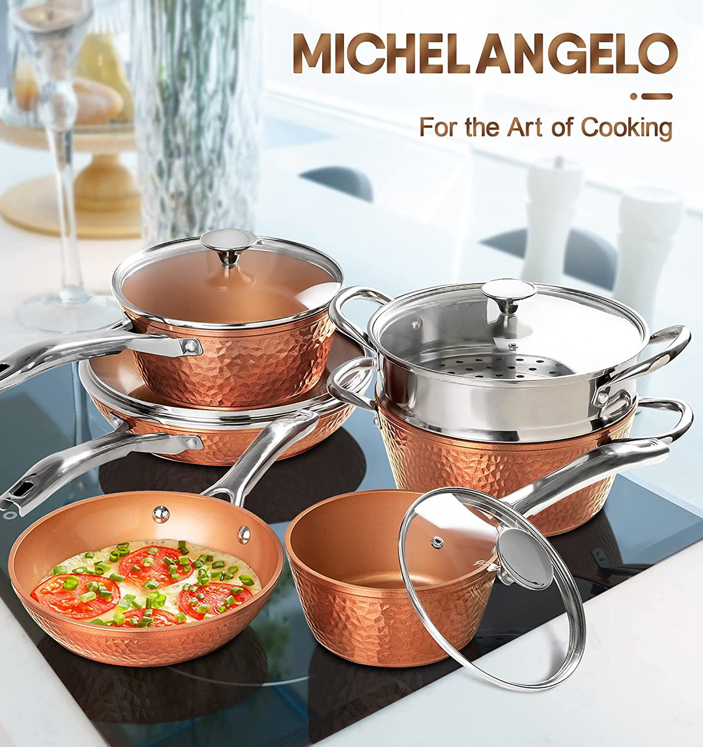MICHELANGELO Copper Pots and Pans Set, Nonstick Copper Cookware 20 Piece,  Hammered Pots and Pans Set, Kitchen Cookware Sets with Fry Pans, Stock  Pans, ...