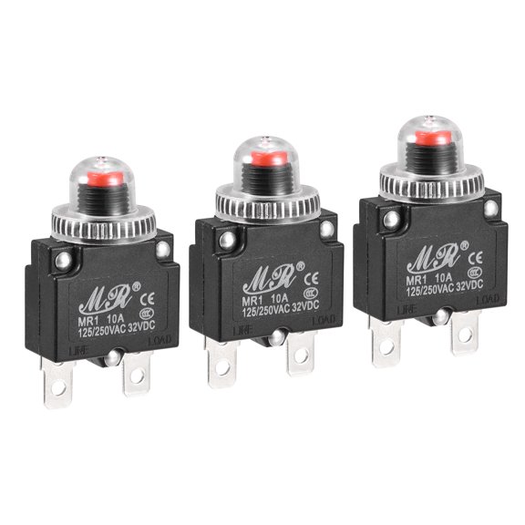 Circuit Overload Protector 10A AC125/250V DC32V Push Button Thermal Circuit Breaker with Waterproof Caps 3pcs
