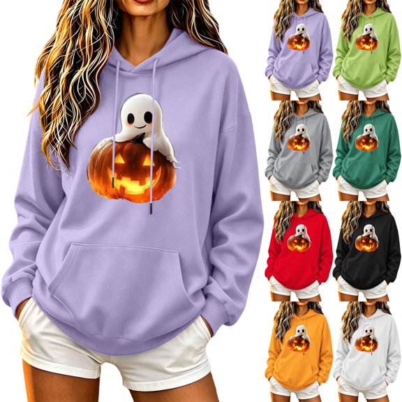 Ounisa Women's Halloween Print Hooded Long Sleeve Pullover Sweatshirt, Soft Cozy Top for Fall Casual Wear