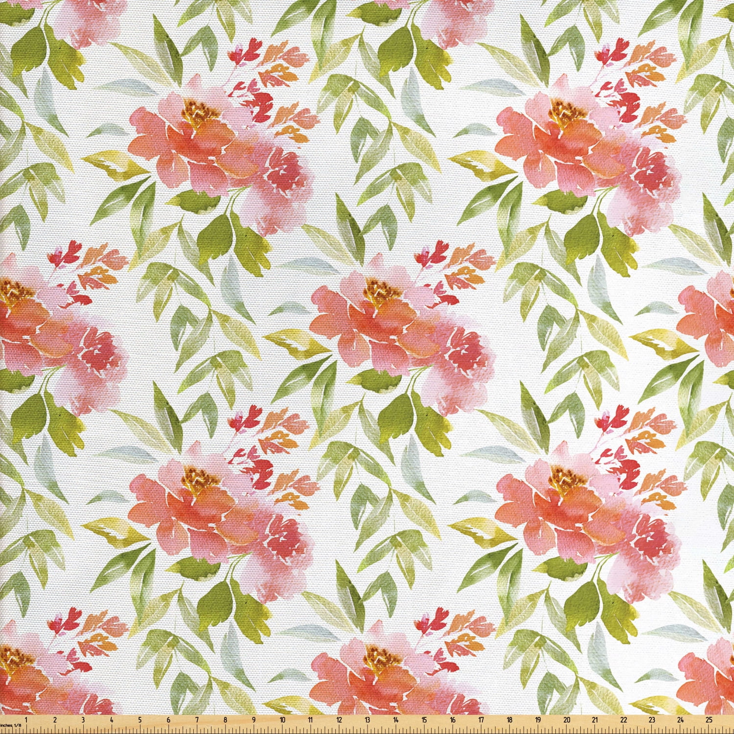 Vintage Rose Fabric by The Yard, Watercolor Leaves and Flowers Pattern