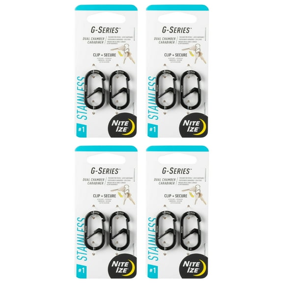 Nite Ize G-Series Dual Chamber Carabiner - Carabiner Clip for Car Keys, Keychains & More - Dual Chamber Key Organizer - Key Holder Accessories - Size 1, Black, (4 Pack)