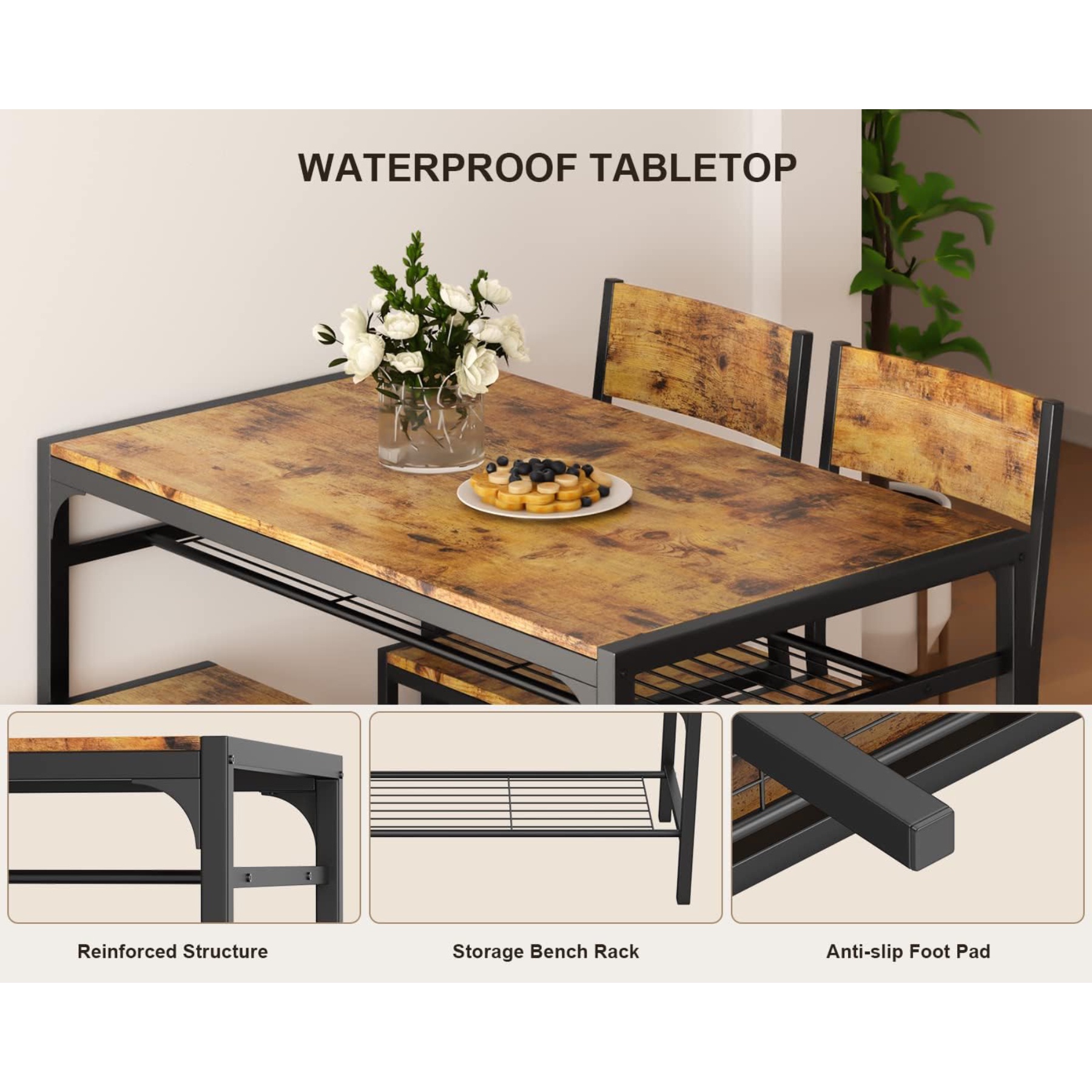 Lofka Kitchen Table Set for 4 with 1 Table & 2 Chairs & 1 Bench, Modern Small Dining Room Set for Small Spaces, Retro