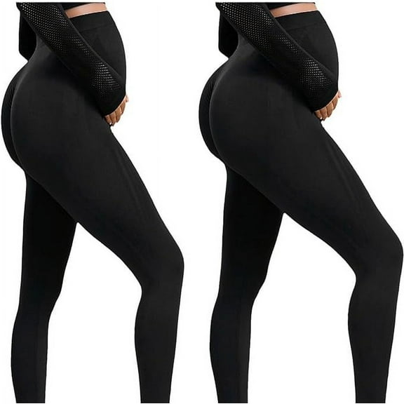 Maternity Leggings Over The Belly, Womens Black Workout Yoga Pregnancy Pants Skinny Pants with Pockets 2 Pack Black